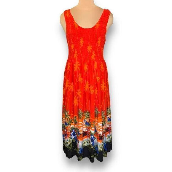 Vintage Maxi Dress Hawaiian Print Red Blue Pattern Floral Smocked Top Tropical - Picture 8 of 8